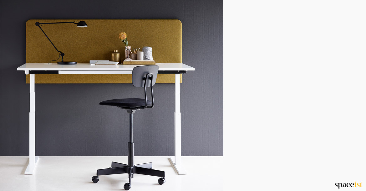 White Adjustable Desk with a Mustard Screen