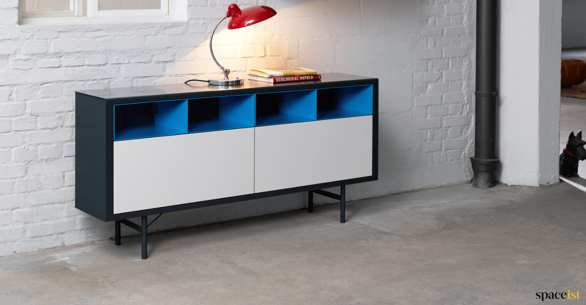 Blue + white office cabinet