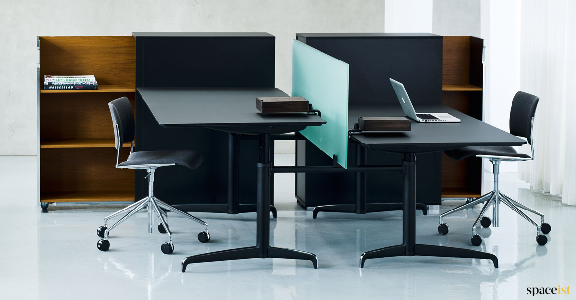 Black executive adjustable desk with screen