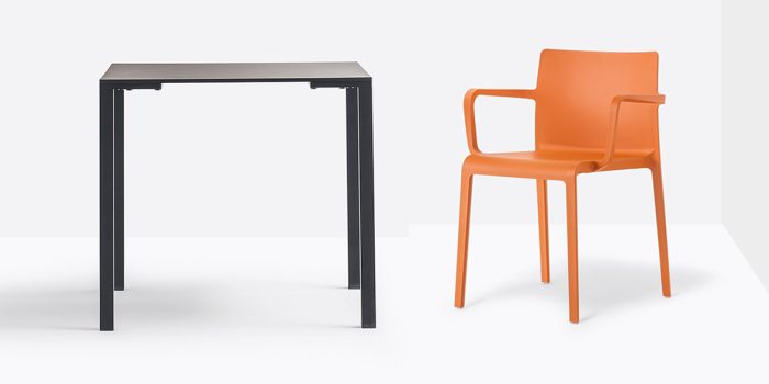 Square black cafe table orange chair