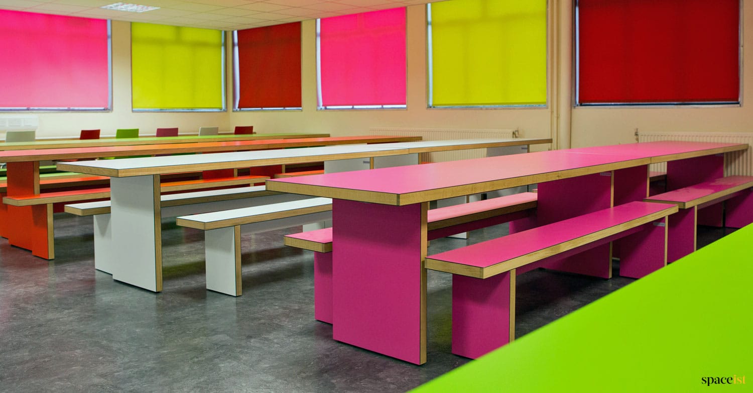 Pink school cafeteria tables