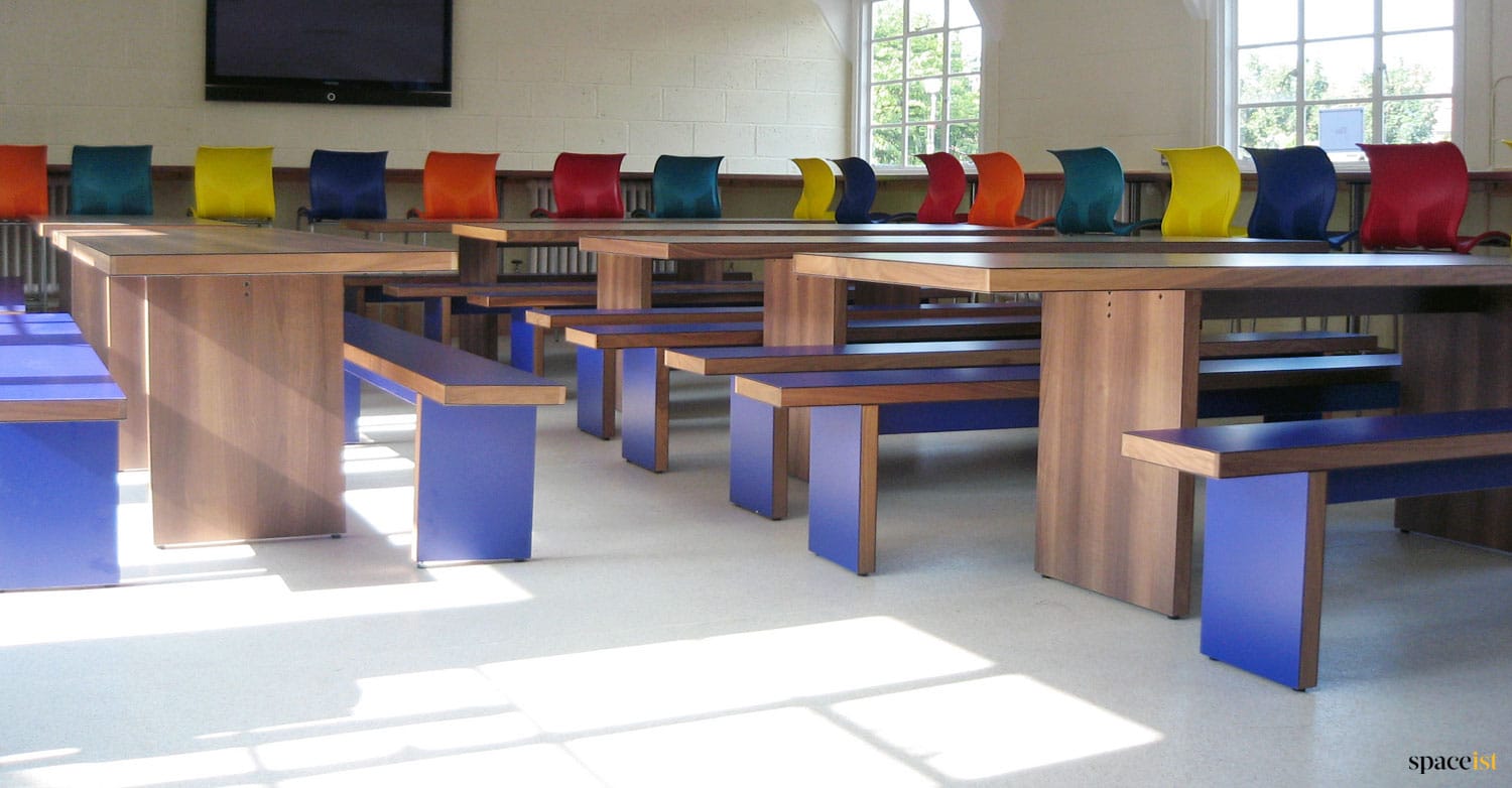 school dining hall tables dark wood