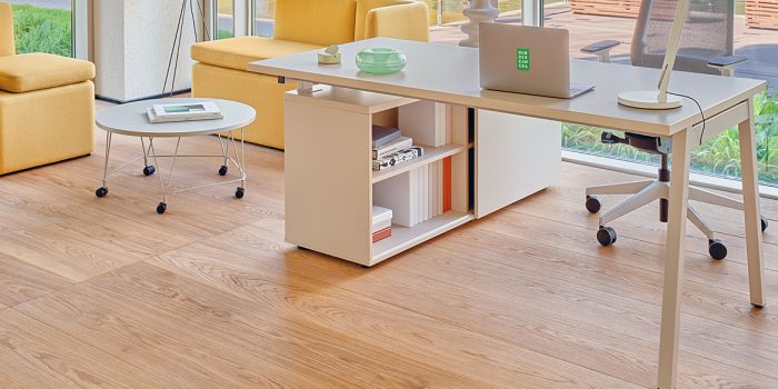White desk with corner storage