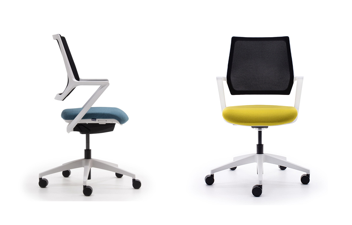 White meeting chair with blue seat