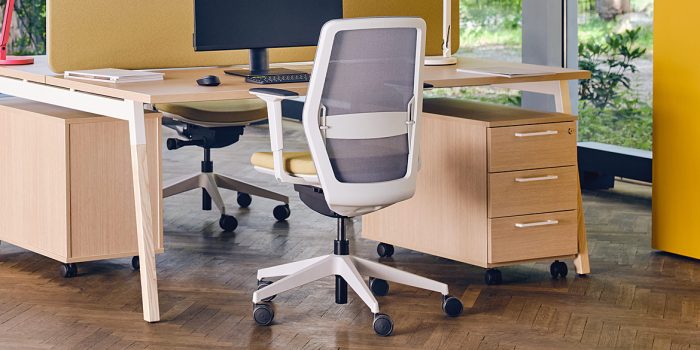 White office chairs with a mesh back