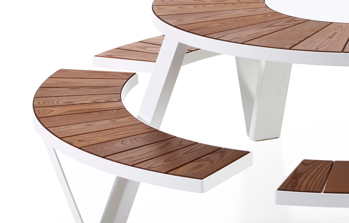 White outdoor canteen table with a solid wood seat