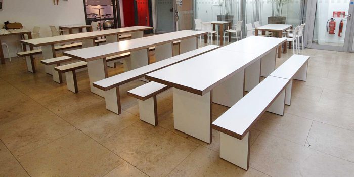 White school canteen table with benches