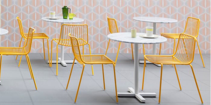 Yellow cafe chair white table