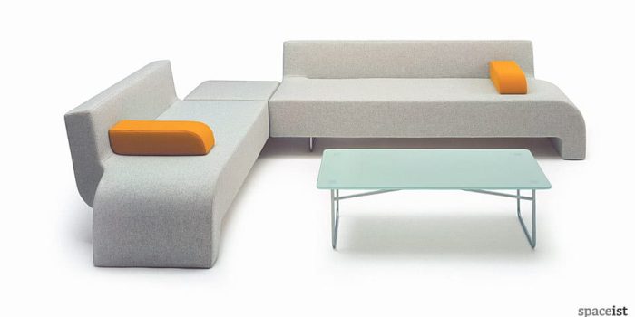 30 grey fabric curvy corner sofa