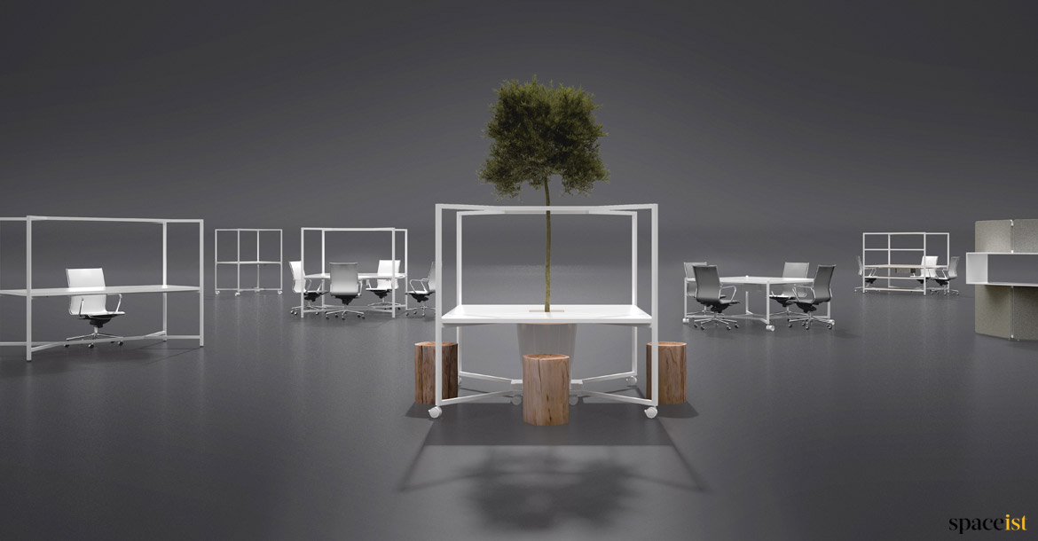 hub desk range with tree stools