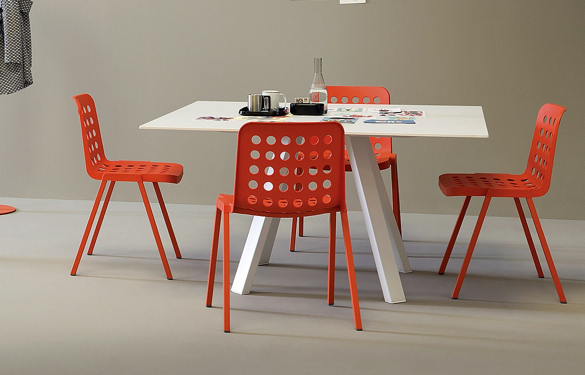 square conference table with red chairs