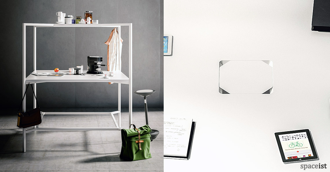 Hub standing desk with over head frame and shelf