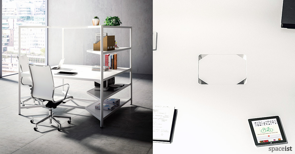 Hub square office desk with shelves