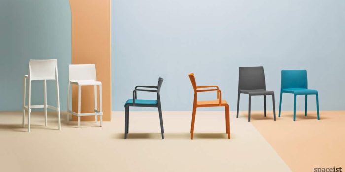 Spaceist-Volt-outdoor-cafe-furniture-family Volt high back cafe chair in blue, orange and black