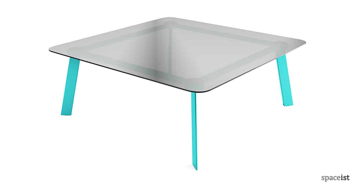 Blade square glass meeting table with blue legs