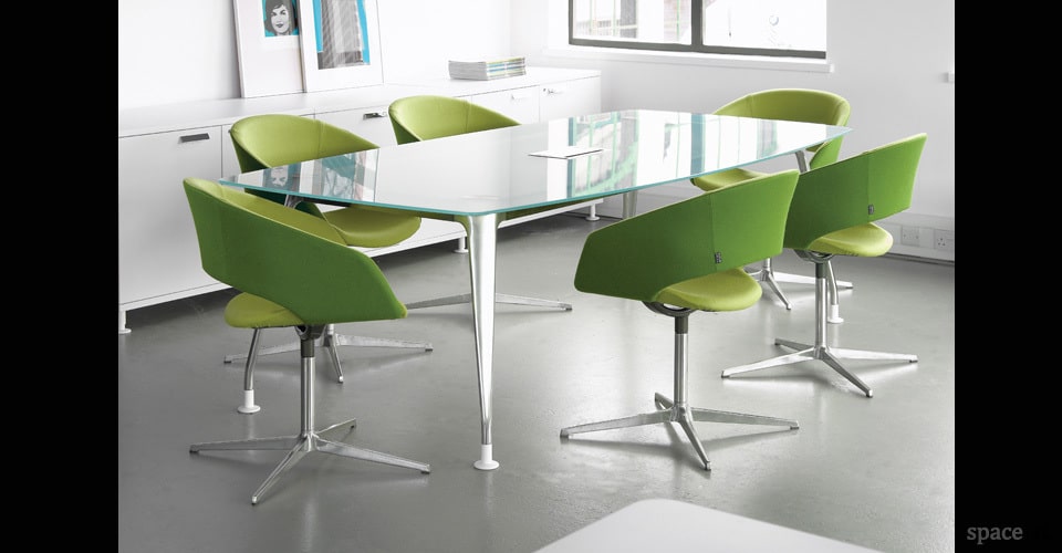 dna glass meeting table green chairs