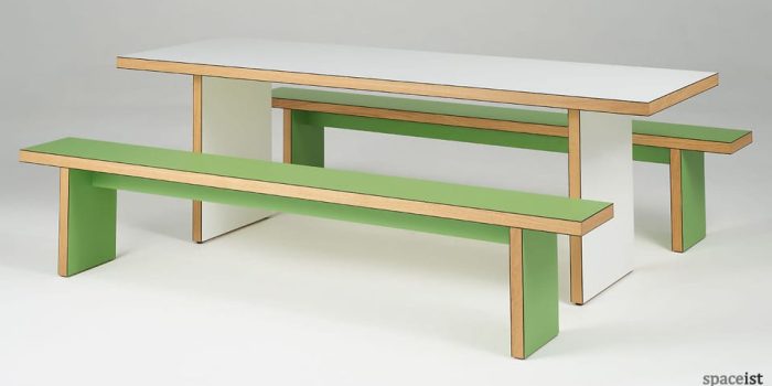 green and white refectory table and benches