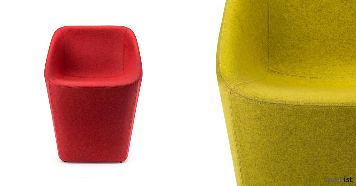 Log tub style reception chair in red, yellow and grey