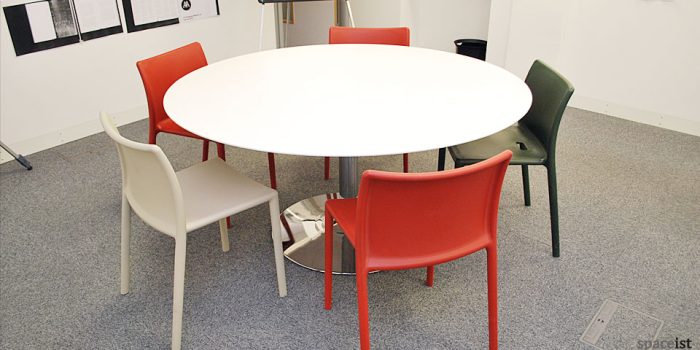 trumpet round white meeting tables