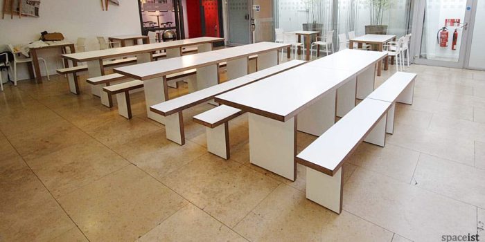white and walnut canteen table and benches