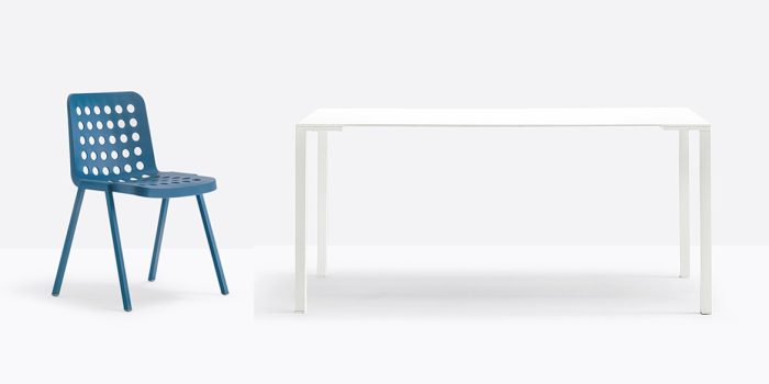 White canteen table blue chair